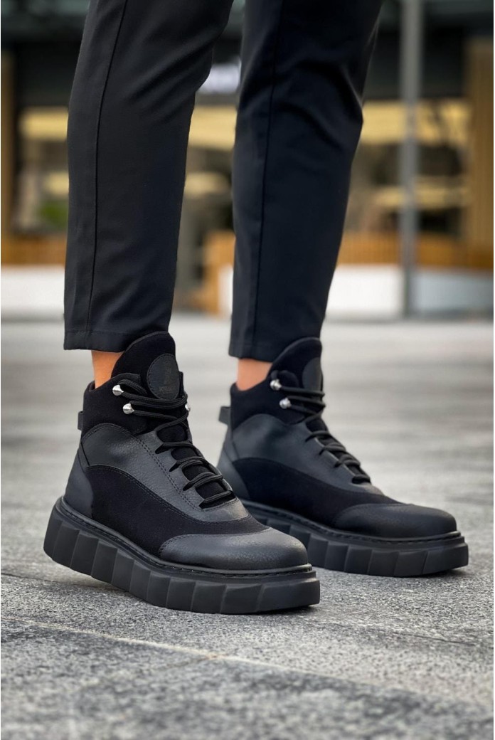 KN104 Erkek Spor Günlük Bağcıklı Cilt Süet Bot CSST - Siyah