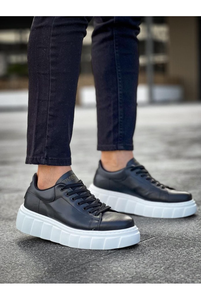 KN144 Erkek Günlük Bağcıklı Cilt Spor Sneaker Ayakkabı CBT - Siyah