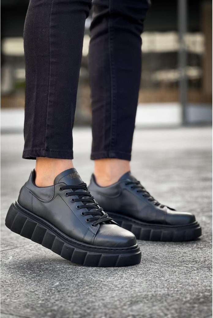 KN144 Erkek Günlük Bağcıklı Cilt Spor Sneaker Ayakkabı CST - Siyah