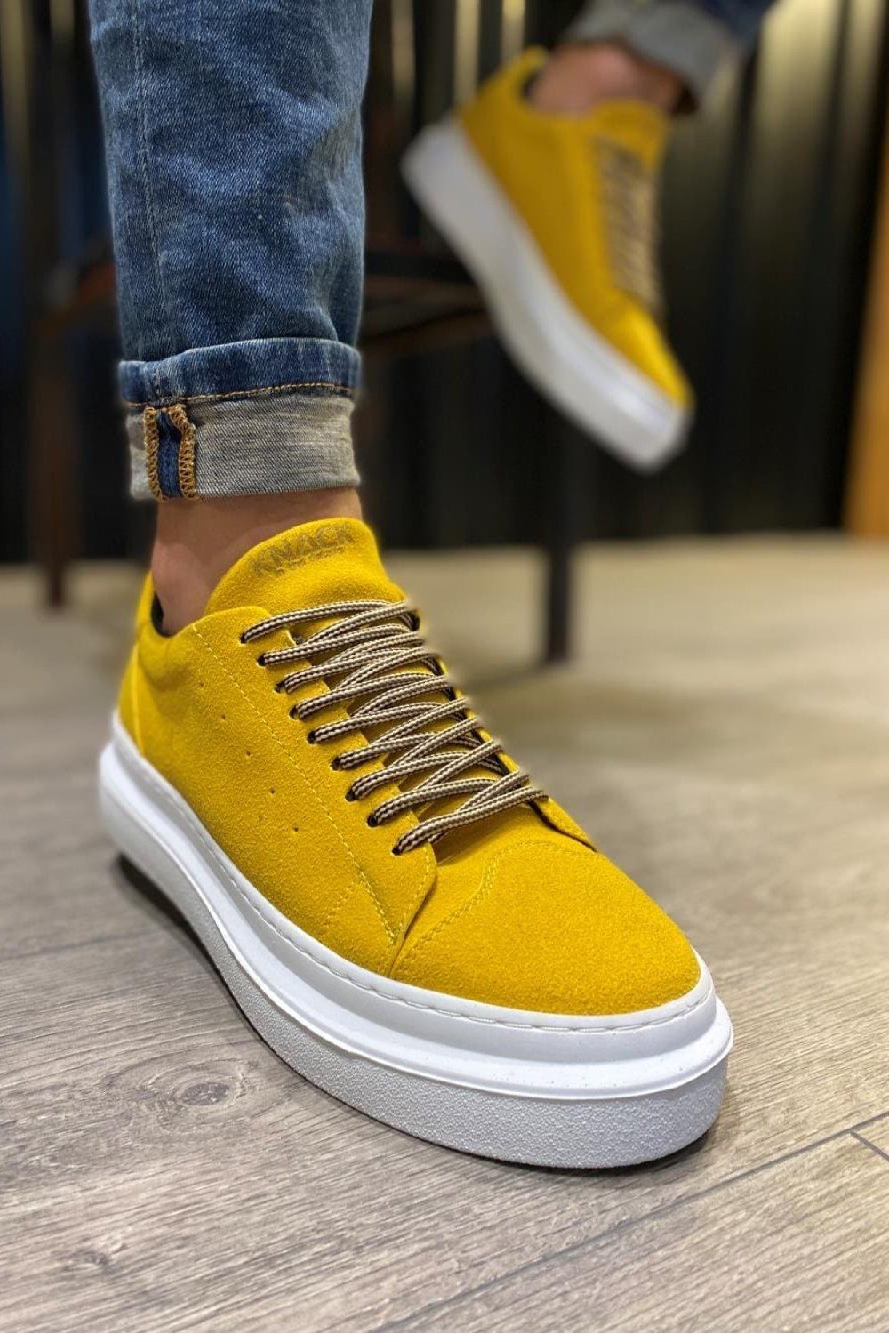 KN421 Erkek Günlük Bağcıklı Cilt Spor Sneaker Ayakkabı CBT - Sarı – Knack Erkek Ayakkabı