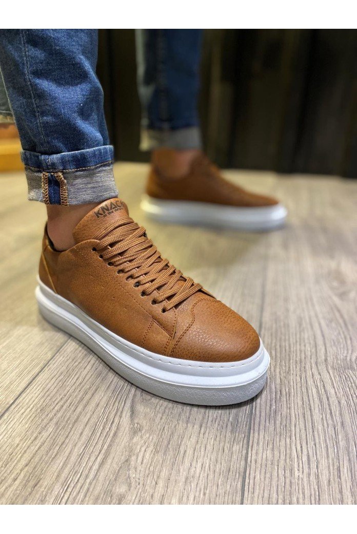 KN421 Erkek Günlük Bağcıklı Cilt Spor Sneaker Ayakkabı CBT - Taba
