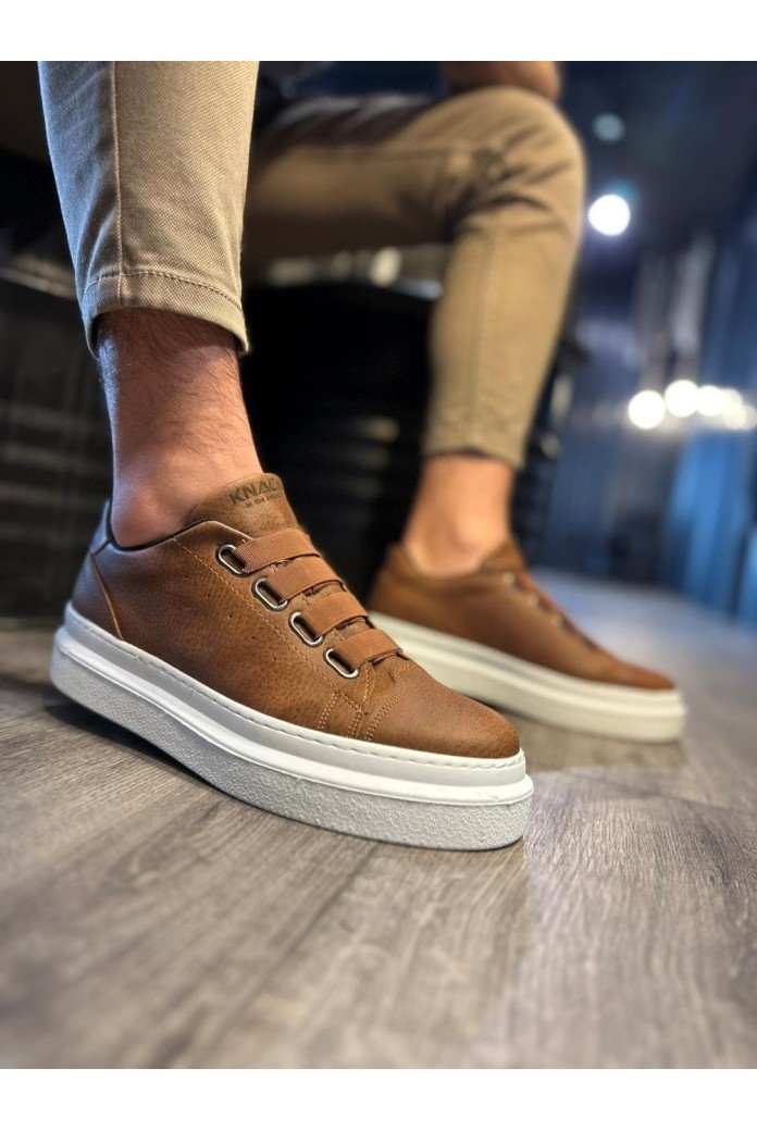 KN521 Erkek Günlük Lastikli Cilt Spor Sneaker Ayakkabı CBT - Taba