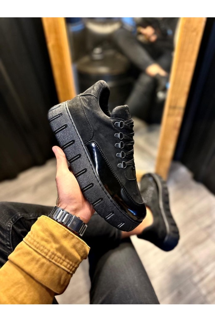 KN600 Erkek Günlük Bağcıklı Süet Cilt Spor Sneaker Ayakkabı SCST - Siyah