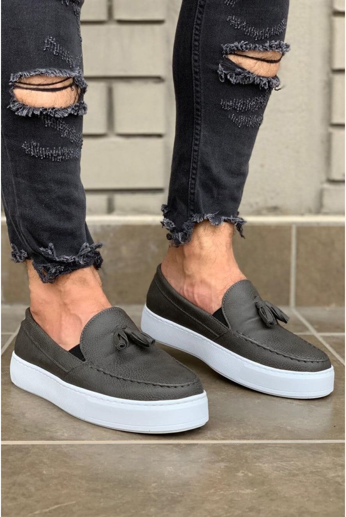 KN717 Erkek Günlük Bağcıksız Corcik Cilt Klasik Ayakkabı CBT - Gri