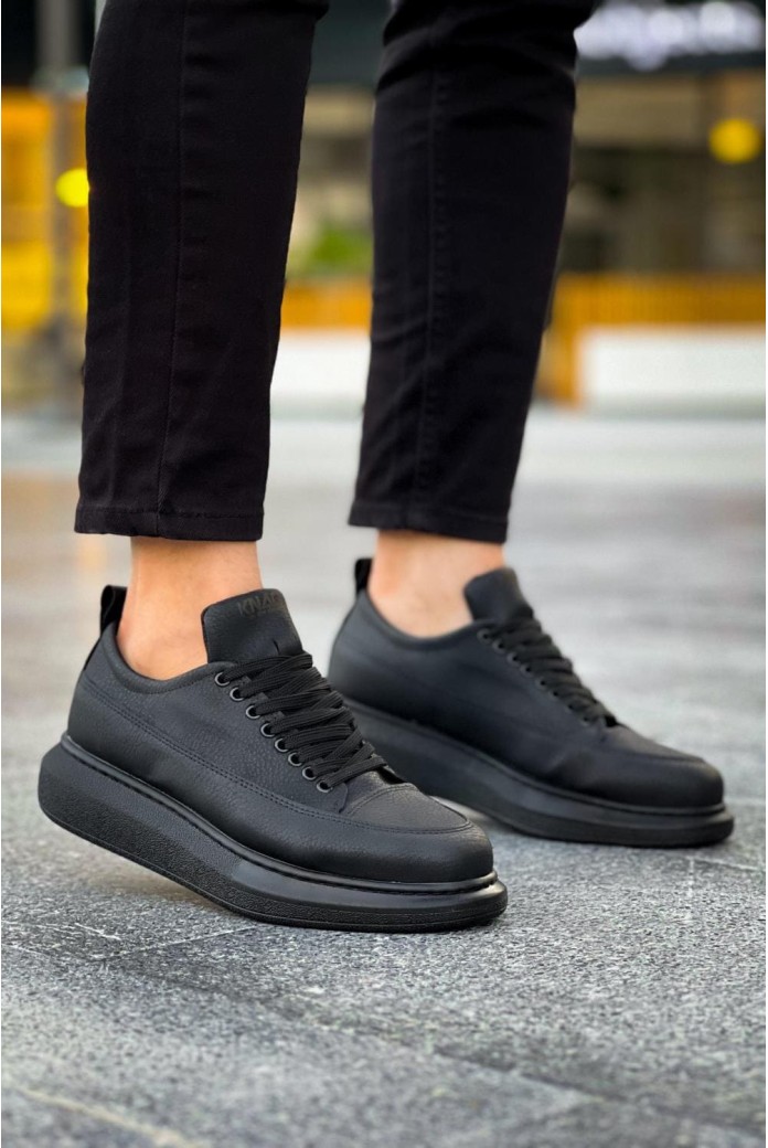 KN814 Erkek Günlük Bağcıklı Cilt Spor Sneaker Ayakkabı CST - Siyah