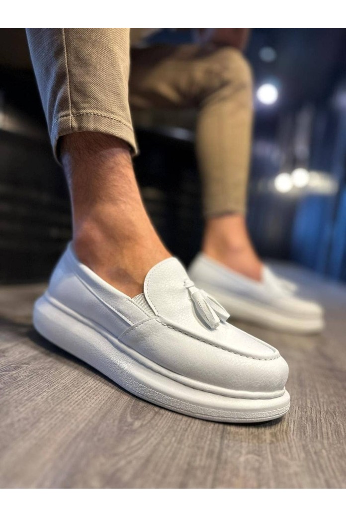 KN818 Erkek Günlük Bağcıksız Corcik Cilt Klasik Ayakkabı CBT - Beyaz