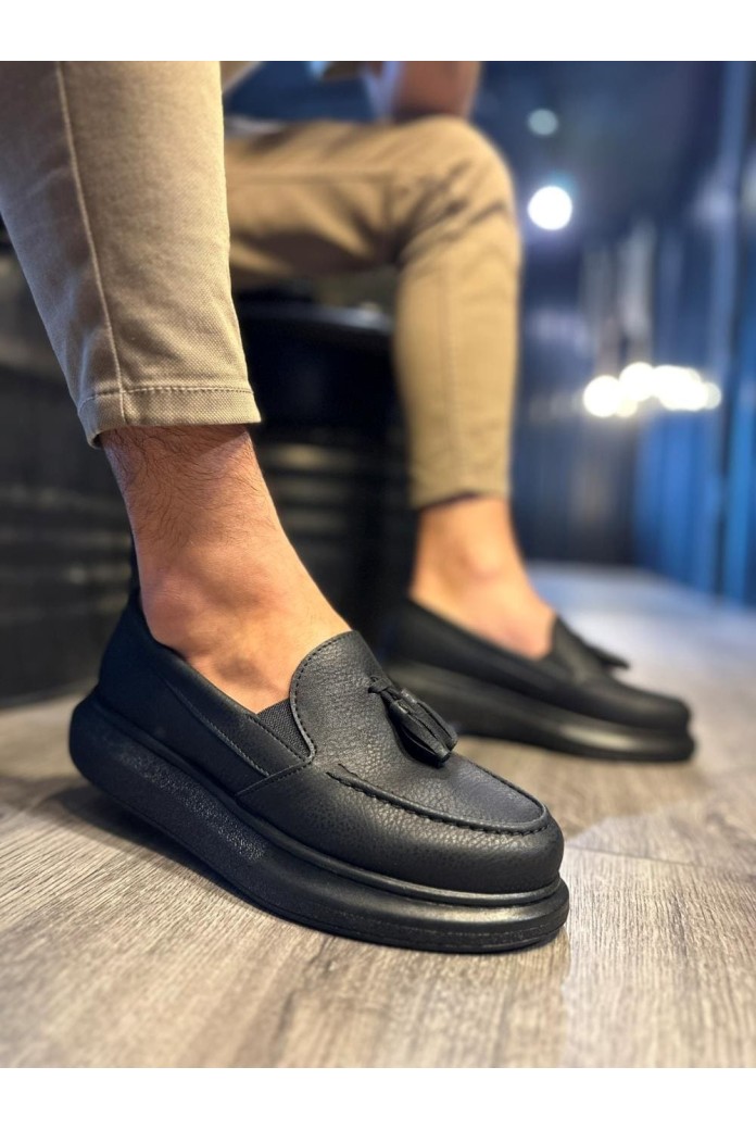 KN818 Erkek Günlük Bağcıksız Corcik Cilt Klasik Ayakkabı CST - Siyah