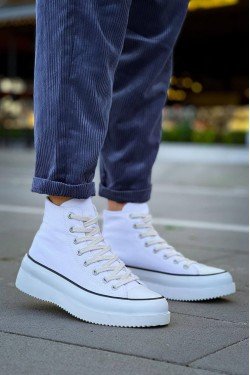 KB-CX3 Erkek Günlük Bağcıklı Keten Uzun Spor Sneaker Ayakkabı KBT - Beyaz