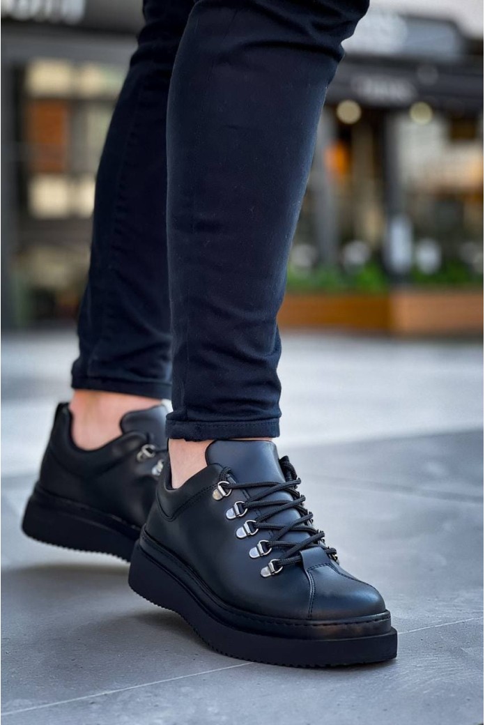 KB-X4 Erkek Günlük Bağcıklı Cilt Spor Sneaker Ayakkabı CST - Siyah