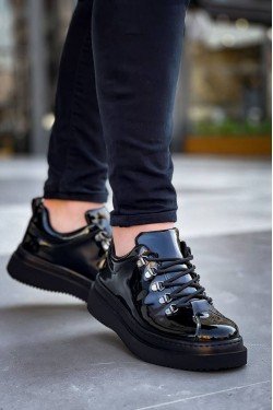 KB-X4 Erkek Günlük Bağcıklı Rugan Spor Sneaker Ayakkabı RST - Siyah