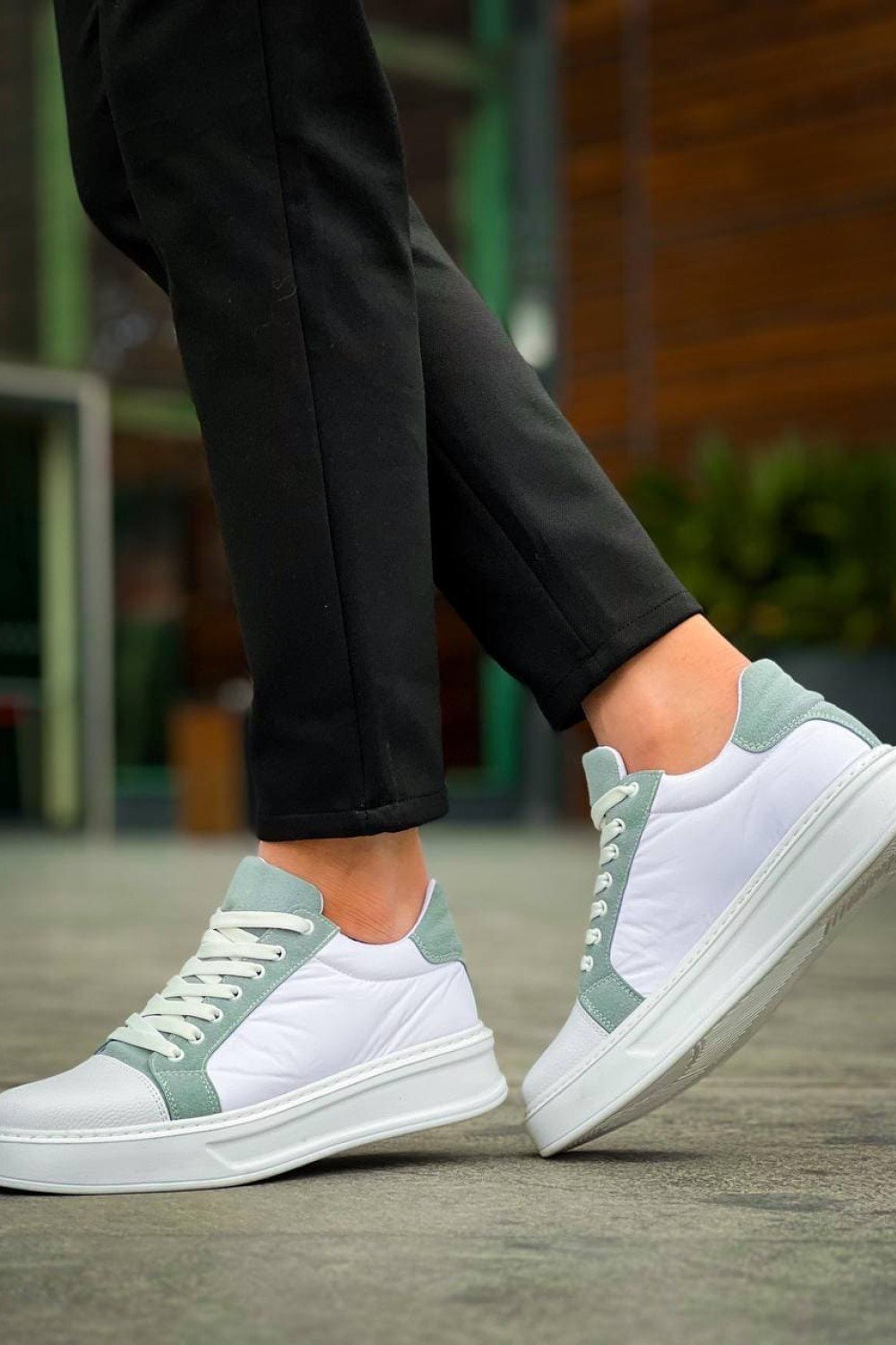 KB-X46 Erkek Günlük Bağcıklı Paraşüt Kumaş Cilt Spor Sneaker Ayakkabı PKCBT - Beyaz/Yeşil – Kuback Erkek Ayakkabı
