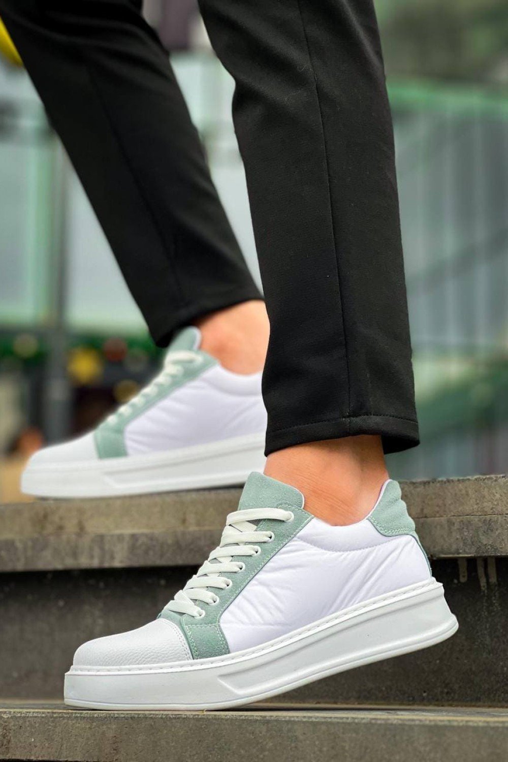 KB-X46 Erkek Günlük Bağcıklı Paraşüt Kumaş Cilt Spor Sneaker Ayakkabı PKCBT - Beyaz/Yeşil – Kuback Erkek Ayakkabı