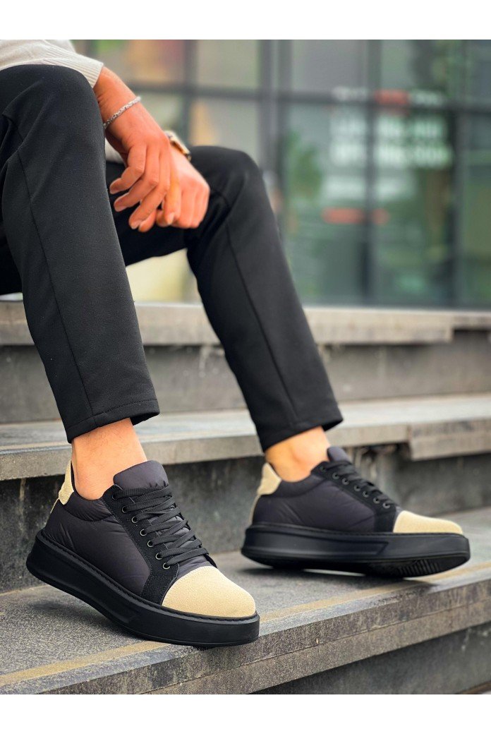 KB-X46 Erkek Günlük Bağcıklı Paraşüt Kumaş Süet Spor Sneaker Ayakkabı PKSST - Siyah/Bej