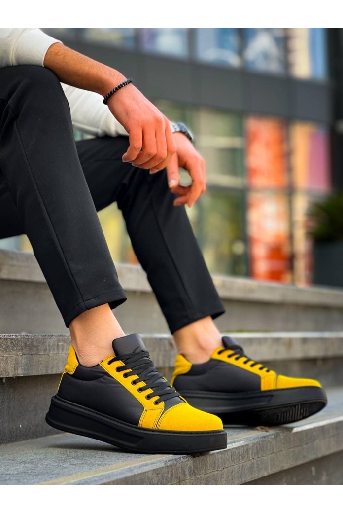 KB-X46 Erkek Günlük Bağcıklı Paraşüt Kumaş Süet Spor Sneaker Ayakkabı PKSST - Siyah/Sarı