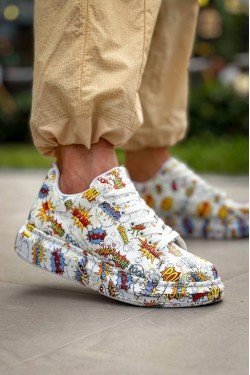 KB-X500 Erkek Günlük Bağcıklı Boom Baskılı Cilt Spor Sneaker Ayakkabı CBT - Beyaz