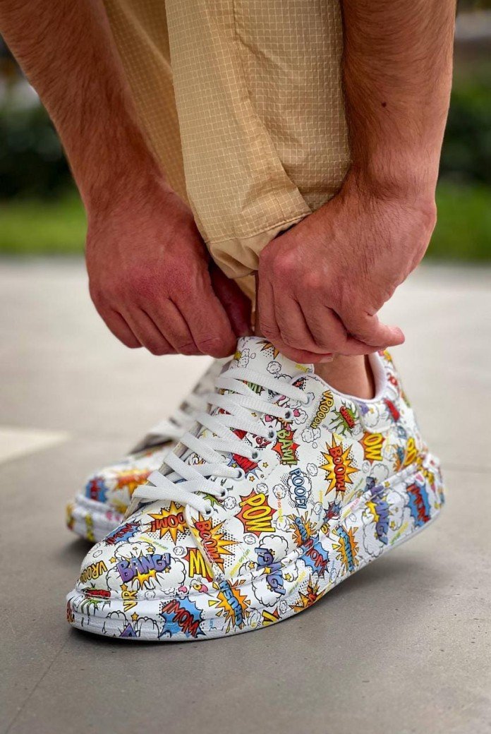 KB-X500 Erkek Günlük Bağcıklı Boom Baskılı Cilt Spor Sneaker Ayakkabı CBT - Beyaz