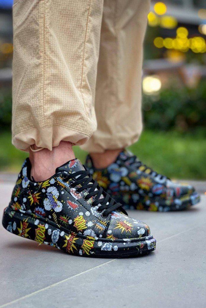 KB-X500 Erkek Günlük Bağcıklı Boom Baskılı Cilt Spor Sneaker Ayakkabı CST - Siyah