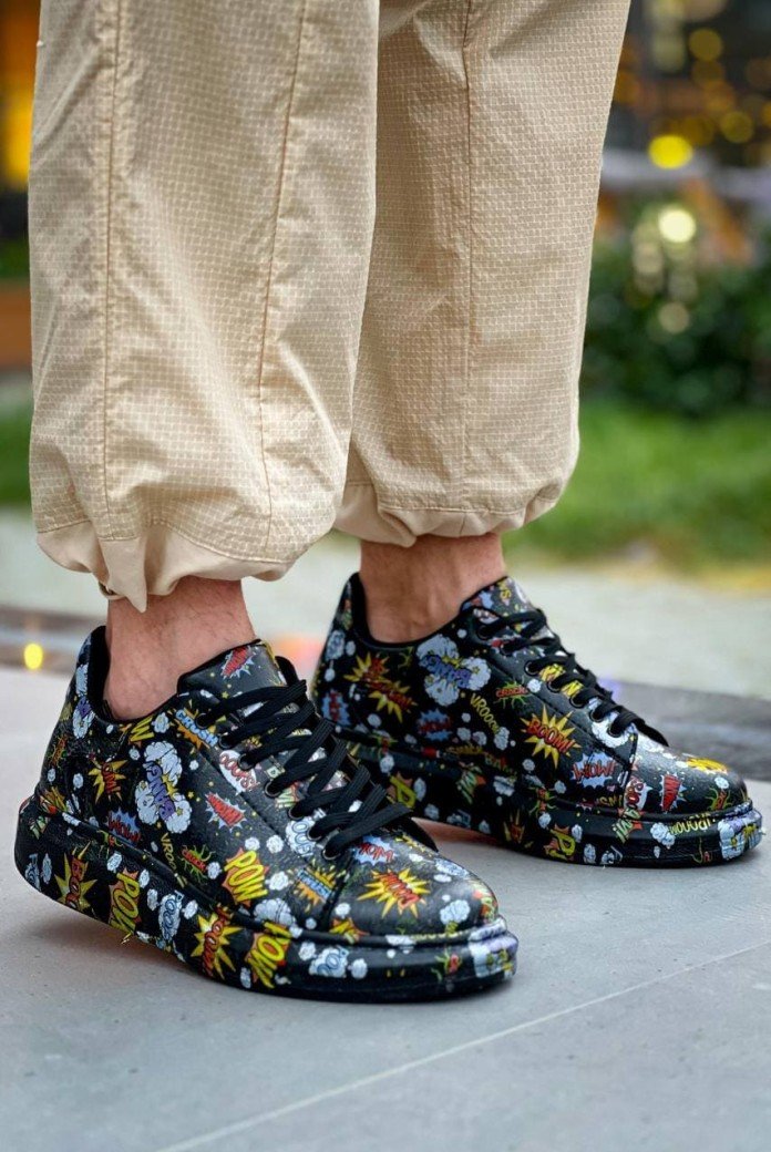 KB-X500 Erkek Günlük Bağcıklı Boom Baskılı Cilt Spor Sneaker Ayakkabı CST - Siyah