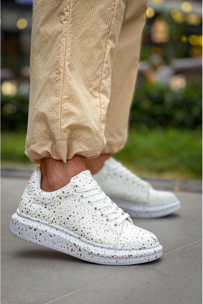 KB-X500 Erkek Günlük Bağcıklı Gold Baskılı Cilt Spor Sneaker Ayakkabı CBT - Beyaz