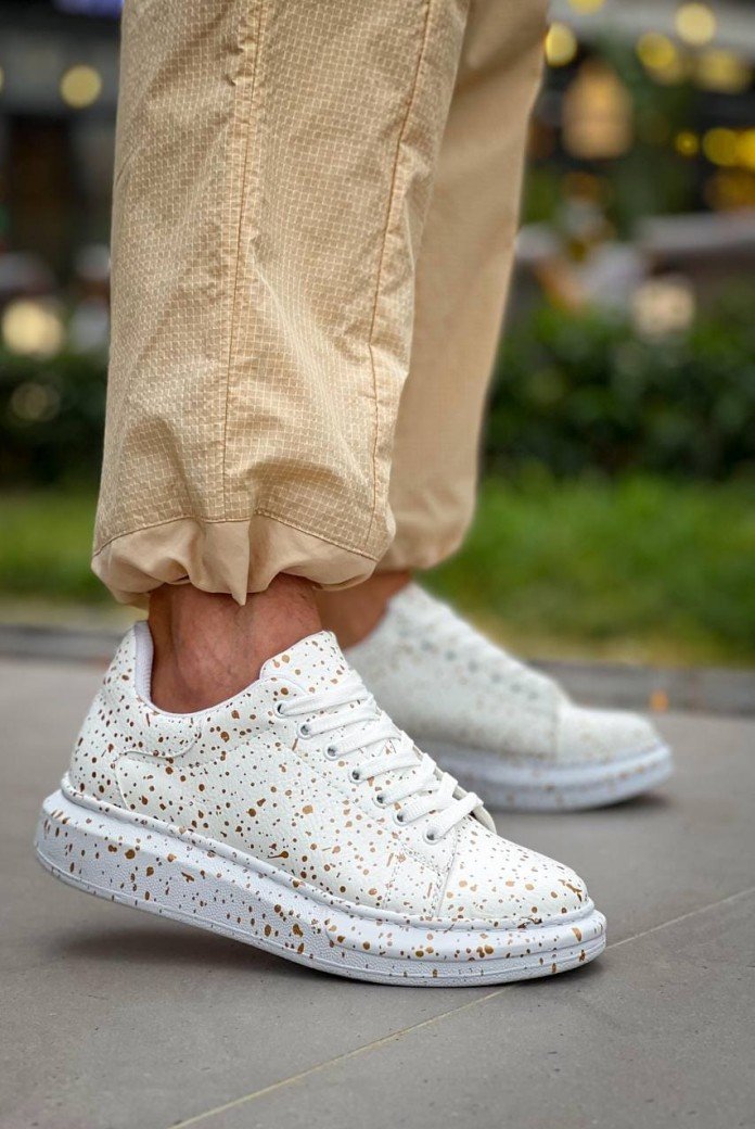 KB-X500 Erkek Günlük Bağcıklı Gold Baskılı Cilt Spor Sneaker Ayakkabı CBT - Beyaz