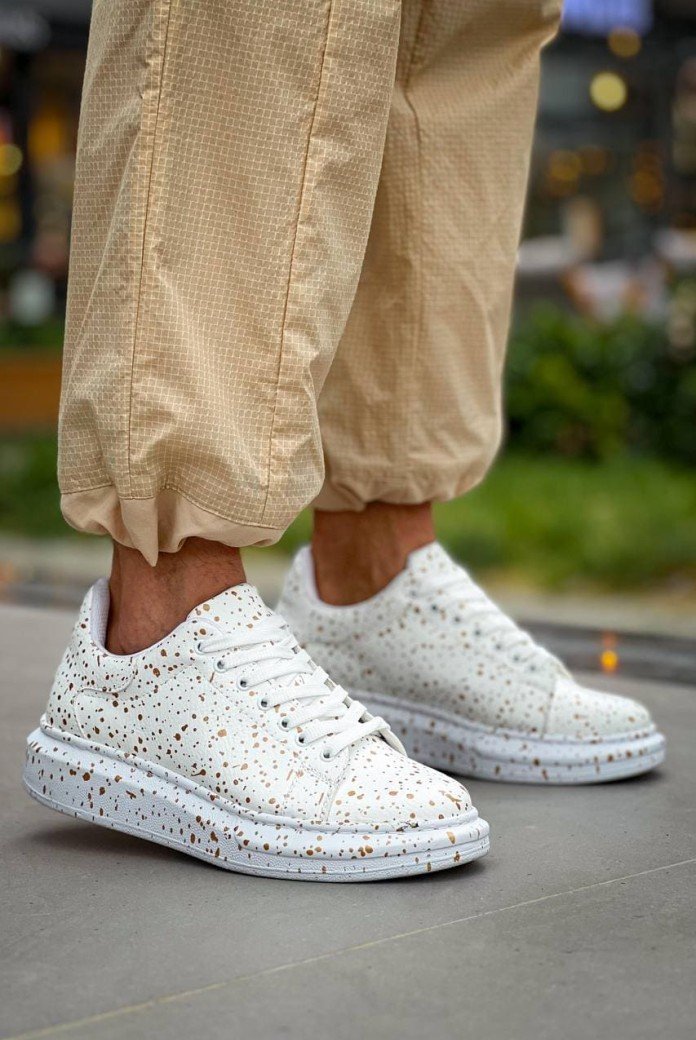 KB-X500 Erkek Günlük Bağcıklı Gold Baskılı Cilt Spor Sneaker Ayakkabı CBT - Beyaz