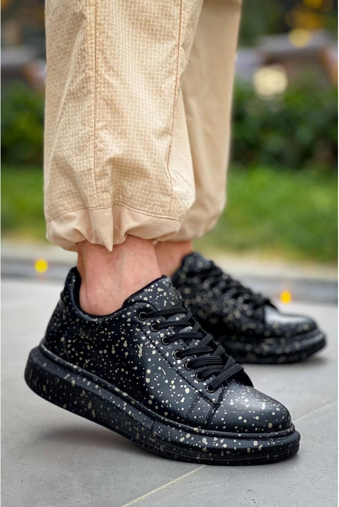 KB-X500 Erkek Günlük Bağcıklı Gold Baskılı Cilt Spor Sneaker Ayakkabı CST - Siyah