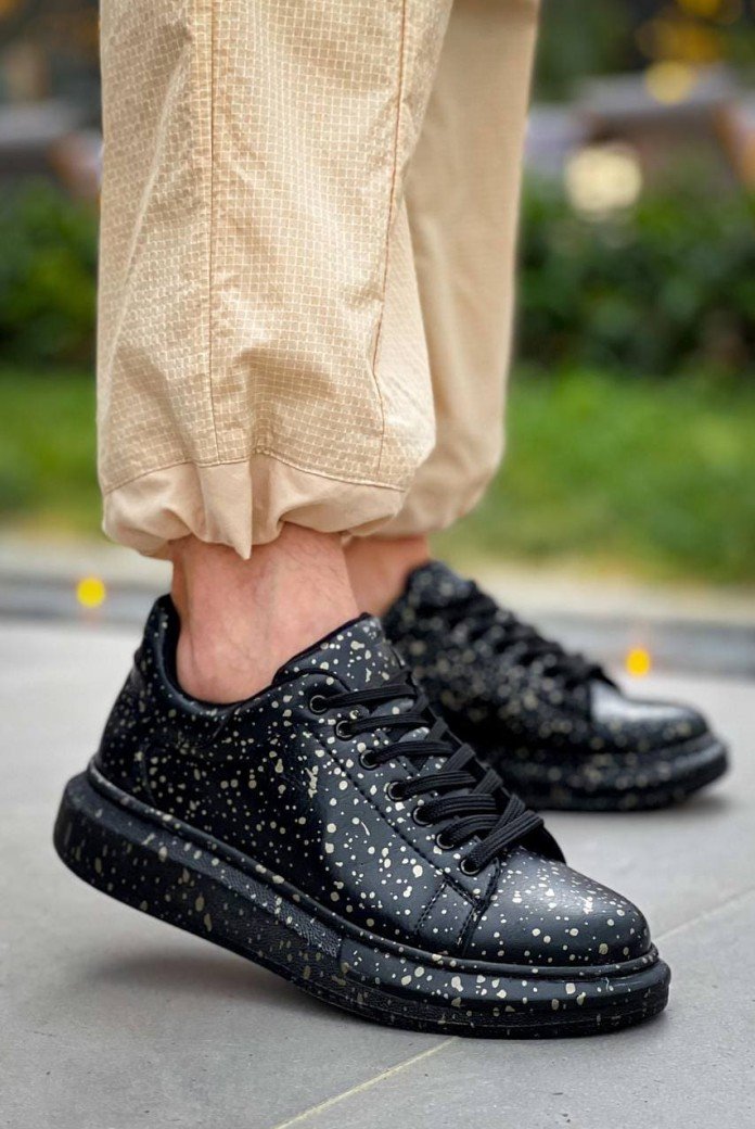 KB-X500 Erkek Günlük Bağcıklı Gold Baskılı Cilt Spor Sneaker Ayakkabı CST - Siyah