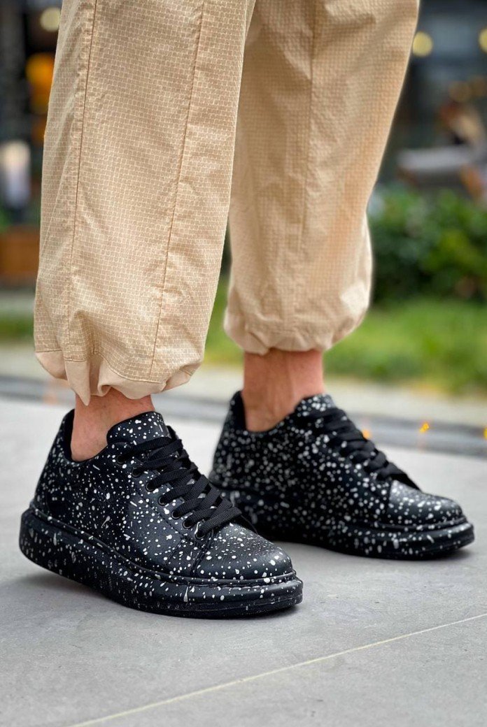 KB-X500 Erkek Günlük Bağcıklı Gold Baskılı Cilt Spor Sneaker Ayakkabı CST - Siyah