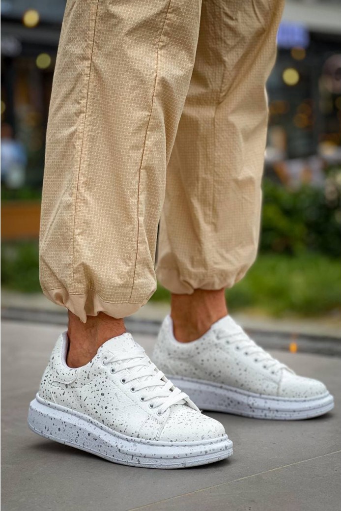 KB-X500 Erkek Günlük Bağcıklı Silver Baskılı Cilt Spor Sneaker Ayakkabı CBT - Beyaz