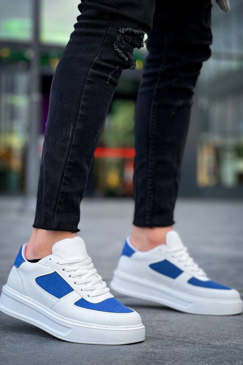 KB-X8 Erkek Günlük Bağcıklı Cilt Süet Spor Sneaker Ayakkabı CSBT - Beyaz/Mavi – Kuback Erkek Ayakkabı