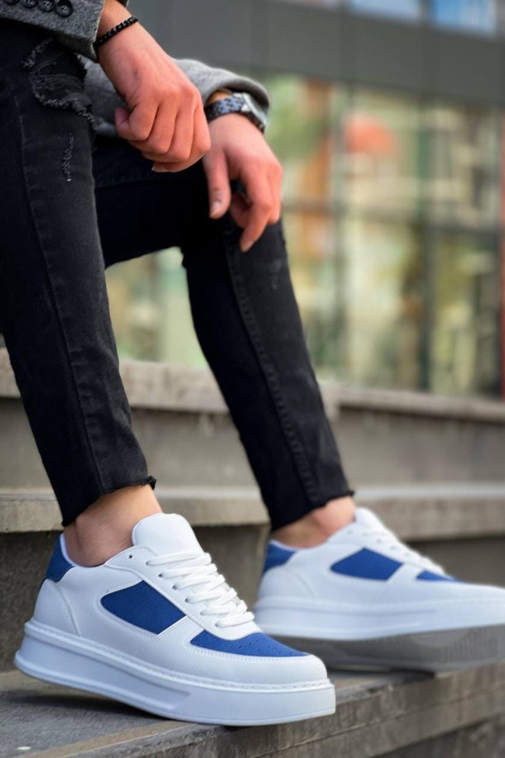 KB-X8 Erkek Günlük Bağcıklı Cilt Süet Spor Sneaker Ayakkabı CSBT - Beyaz/Mavi – Kuback Erkek Ayakkabı