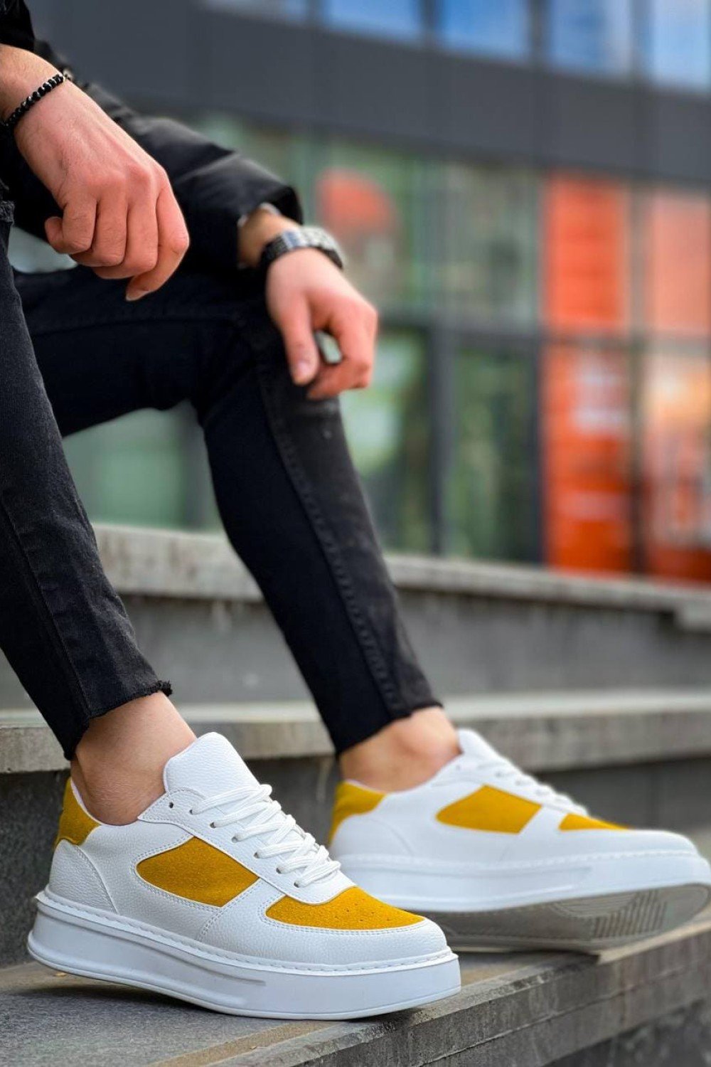 KB-X8 Erkek Günlük Bağcıklı Cilt Süet Spor Sneaker Ayakkabı CSBT - Beyaz/Sarı – Kuback Erkek Ayakkabı