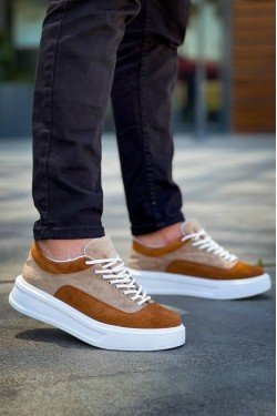 KB005 Erkek Günlük Bağcıklı Süet Spor Sneaker Ayakkabı SBT - Bej/Taba