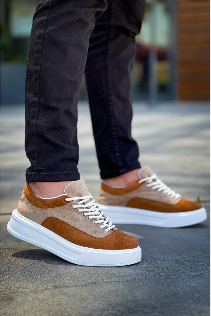 KB005 Erkek Günlük Bağcıklı Süet Spor Sneaker Ayakkabı SBT - Bej/Taba