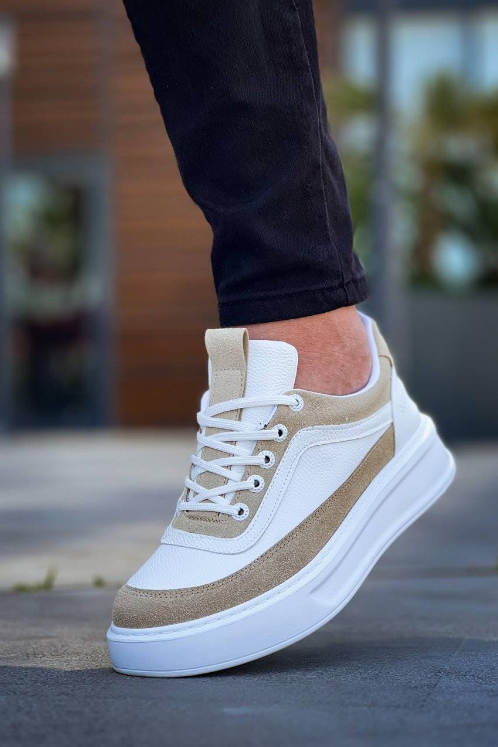 KB006 Erkek Günlük Bağcıklı Cilt Süet Spor Sneaker Ayakkabı CSBT - Beyaz/Bej – Kuback Erkek Ayakkabı