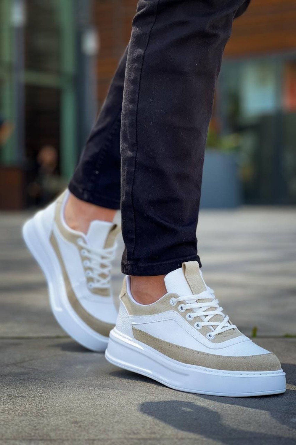 KB006 Erkek Günlük Bağcıklı Cilt Süet Spor Sneaker Ayakkabı CSBT - Beyaz/Bej – Kuback Erkek Ayakkabı