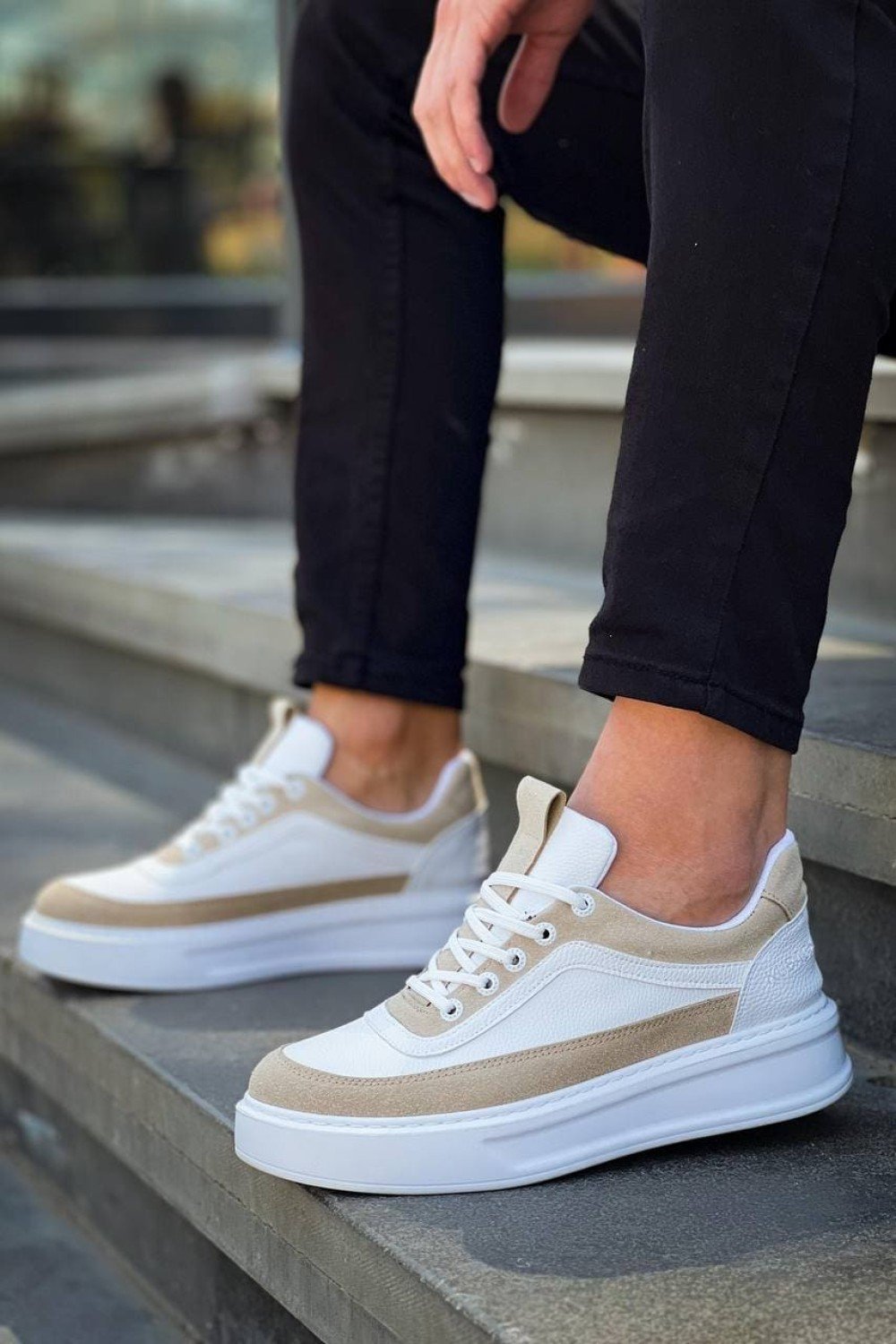 KB006 Erkek Günlük Bağcıklı Cilt Süet Spor Sneaker Ayakkabı CSBT - Beyaz/Bej – Kuback Erkek Ayakkabı