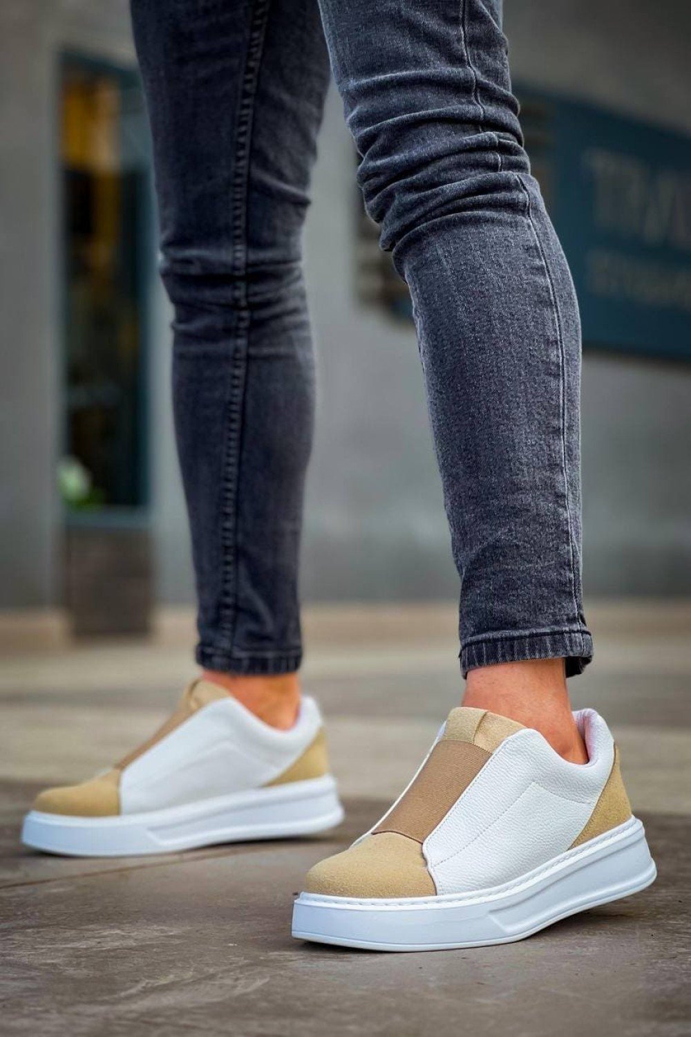KB007 Erkek Günlük Bağcıksız Süet Cilt Spor Sneaker Ayakkabı SCBT - Bej/Beyaz – Kuback Erkek Ayakkabı