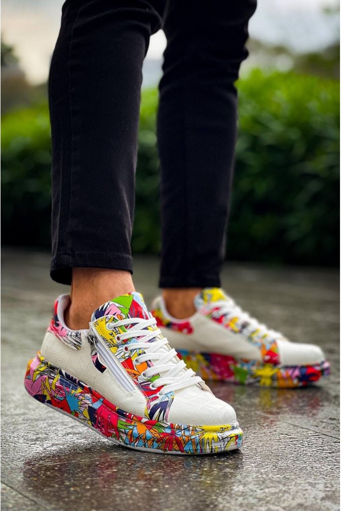 KB02 Erkek Günlük Bağcıklı Fermuarlı Boyalı Croco Cilt Spor Sneaker Ayakkabı CRT - Beyaz/Kırmızı