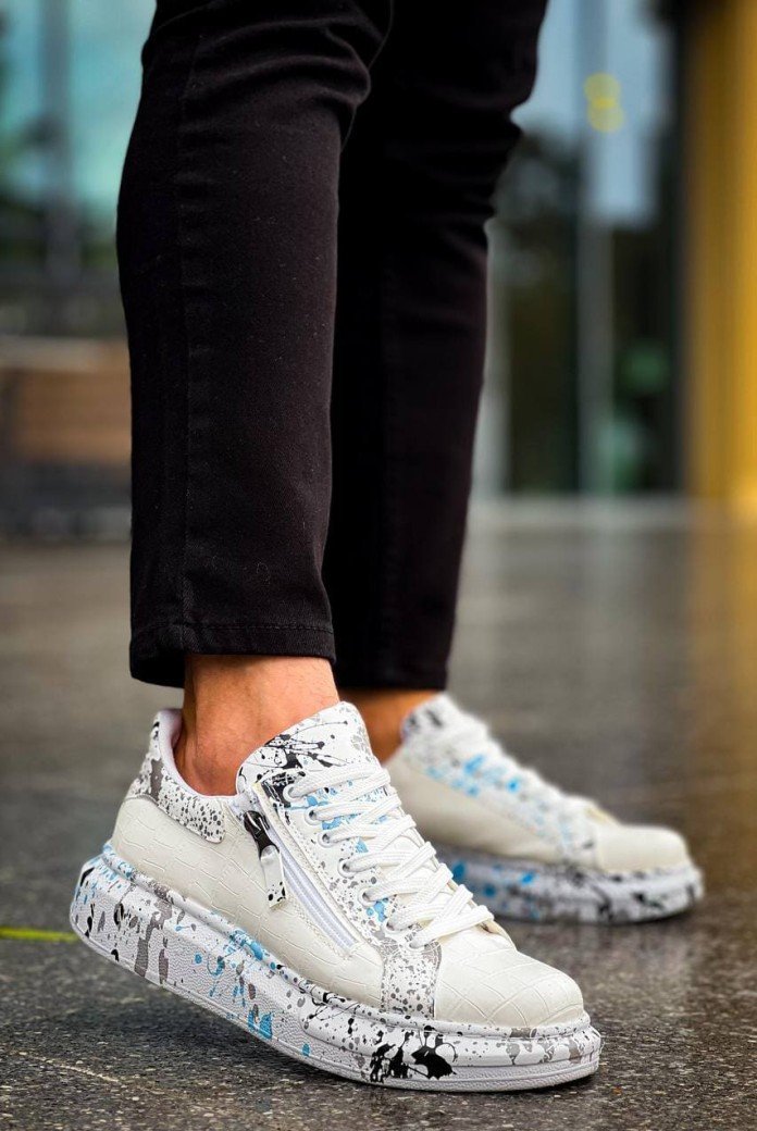KB02 Erkek Günlük Bağcıklı Fermuarlı Boyalı Croco Cilt Spor Sneaker Ayakkabı CRT - Beyaz/Mavi