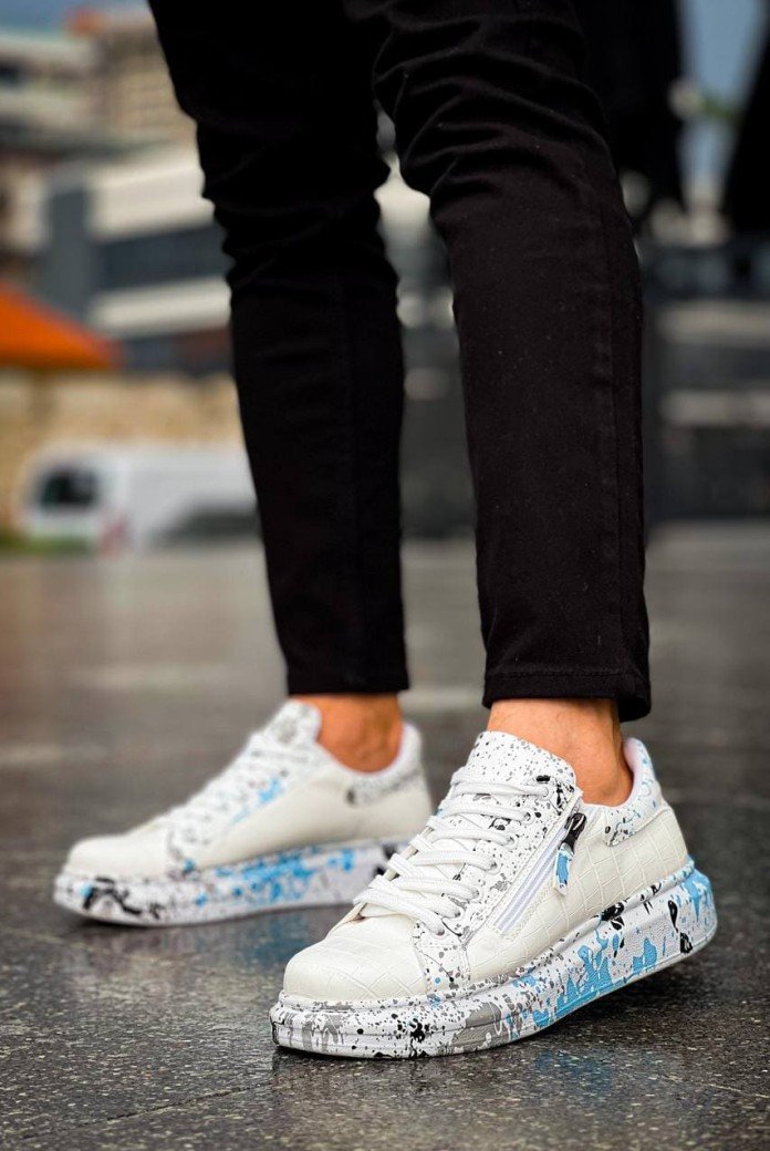 KB02 Erkek Günlük Bağcıklı Fermuarlı Boyalı Croco Cilt Spor Sneaker Ayakkabı CRT - Beyaz/Mavi