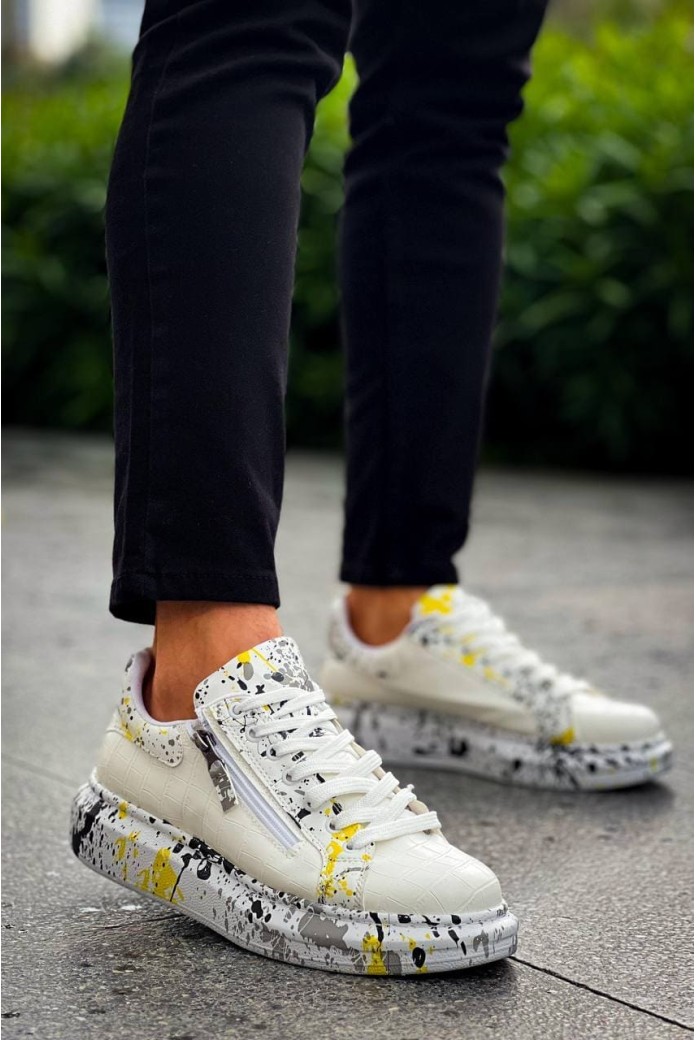KB02 Erkek Günlük Bağcıklı Fermuarlı Boyalı Croco Cilt Spor Sneaker Ayakkabı CRT - Beyaz/Sarı
