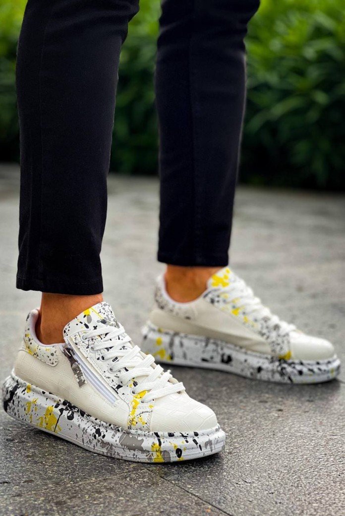 KB02 Erkek Günlük Bağcıklı Fermuarlı Boyalı Croco Cilt Spor Sneaker Ayakkabı CRT - Beyaz/Sarı