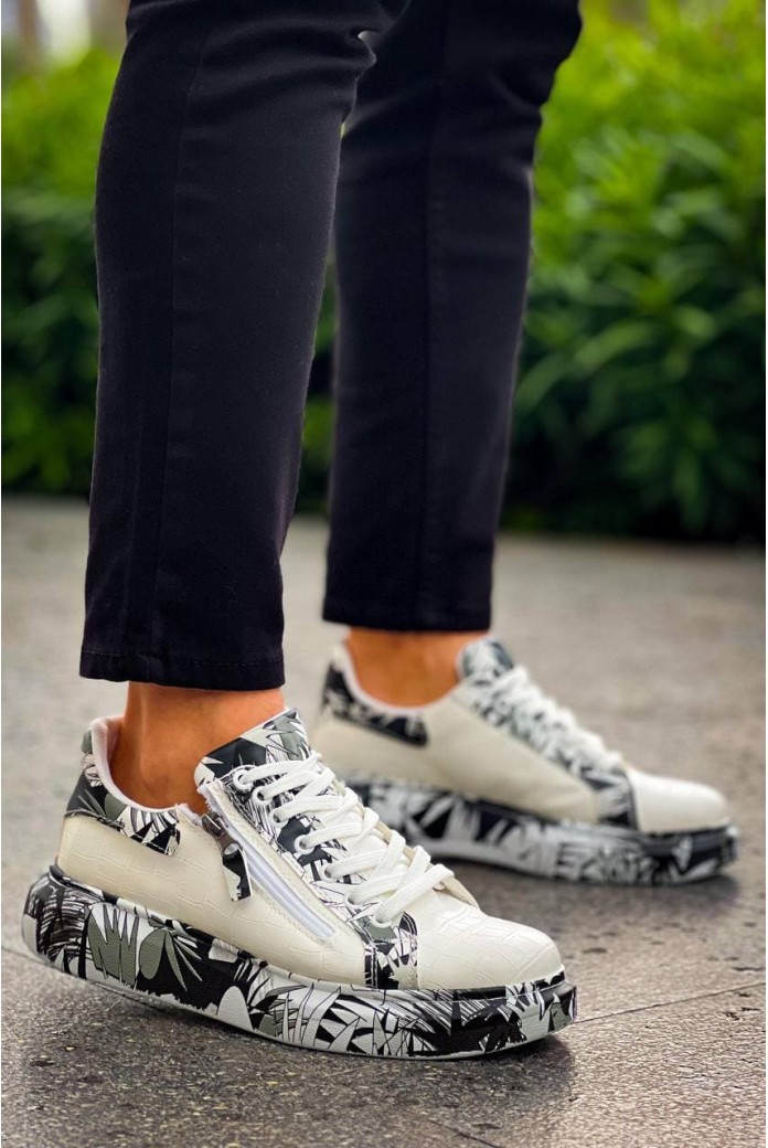 KB02 Erkek Günlük Bağcıklı Fermuarlı Boyalı Croco Cilt Spor Sneaker Ayakkabı CRT - Beyaz/Siyah