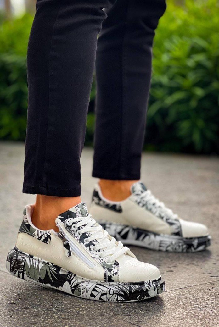 KB02 Erkek Günlük Bağcıklı Fermuarlı Boyalı Croco Cilt Spor Sneaker Ayakkabı CRT - Beyaz/Siyah