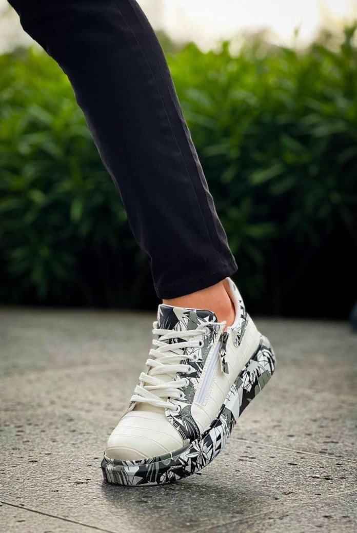 KB02 Erkek Günlük Bağcıklı Fermuarlı Boyalı Croco Cilt Spor Sneaker Ayakkabı CRT - Beyaz/Siyah