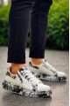 KB02 Erkek Günlük Bağcıklı Fermuarlı Boyalı Croco Cilt Spor Sneaker Ayakkabı CRT - Beyaz/Siyah