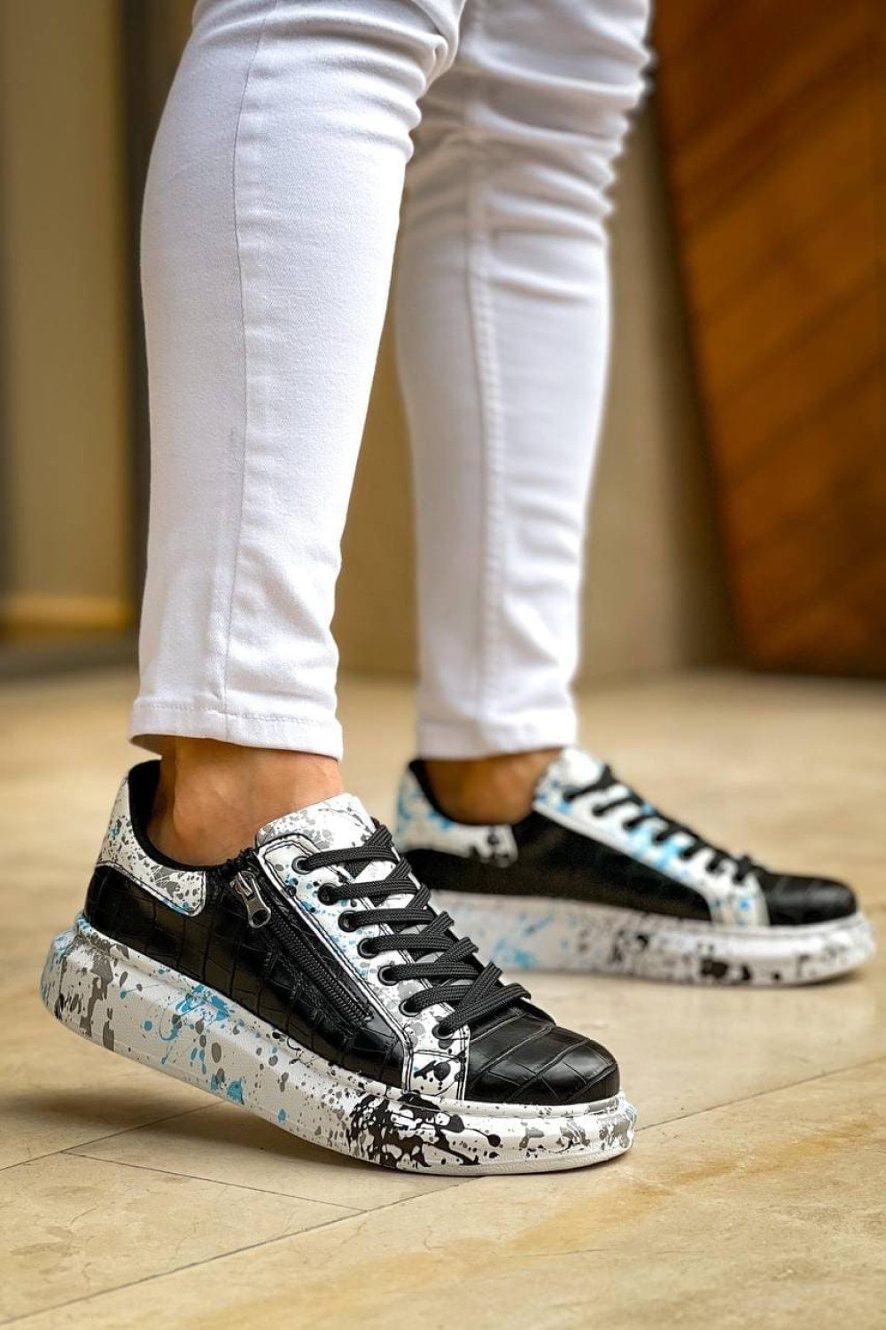 KB02 Erkek Günlük Bağcıklı Fermuarlı Boyalı Croco Cilt Spor Sneaker Ayakkabı CRT - Siyah/Mavi – Kuback Erkek Ayakkabı