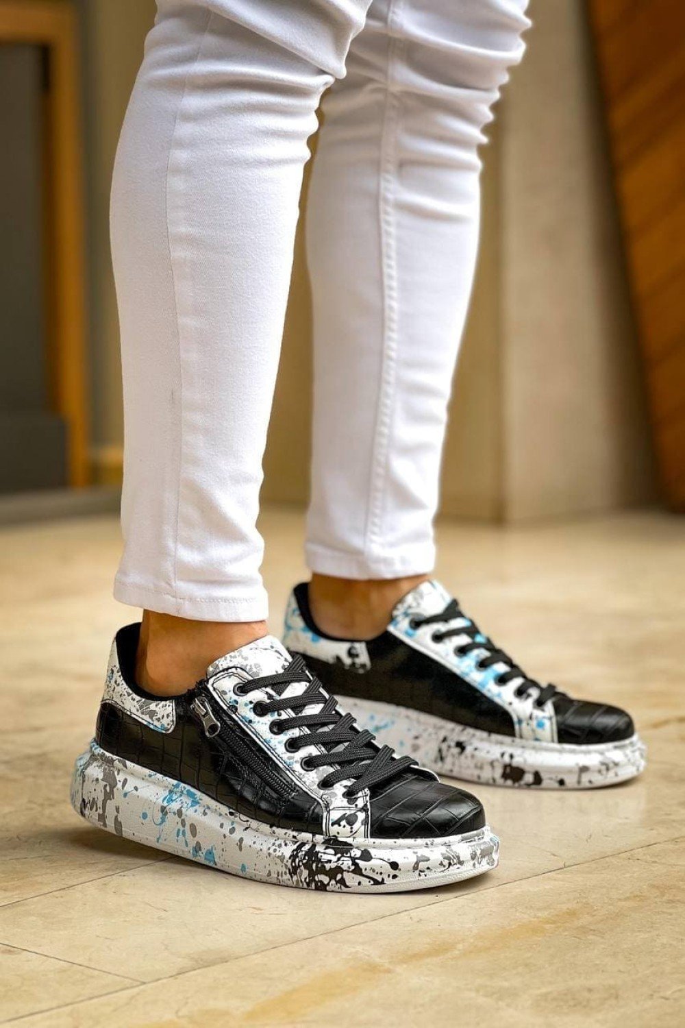 KB02 Erkek Günlük Bağcıklı Fermuarlı Boyalı Croco Cilt Spor Sneaker Ayakkabı CRT - Siyah/Mavi – Kuback Erkek Ayakkabı