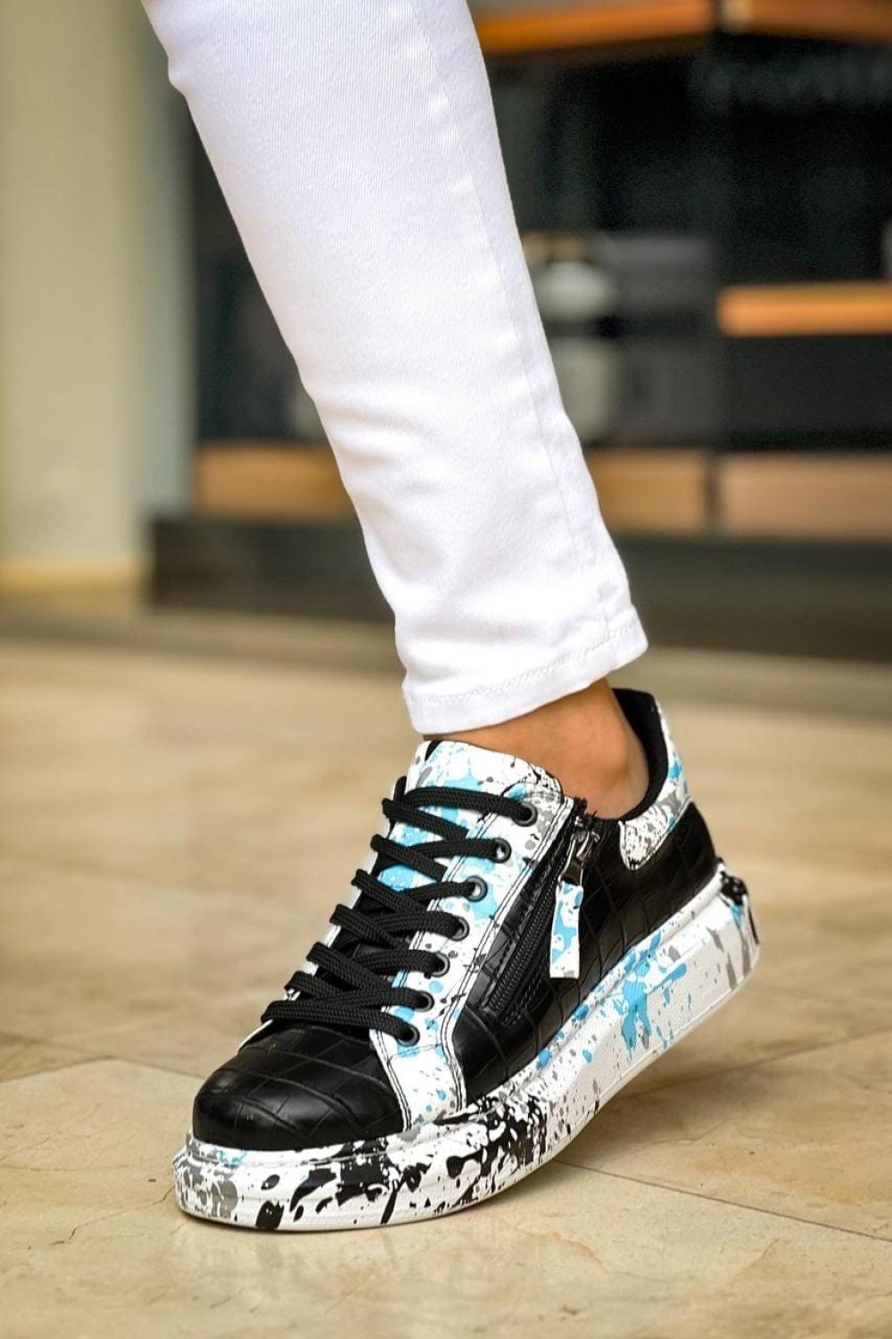 KB02 Erkek Günlük Bağcıklı Fermuarlı Boyalı Croco Cilt Spor Sneaker Ayakkabı CRT - Siyah/Mavi – Kuback Erkek Ayakkabı